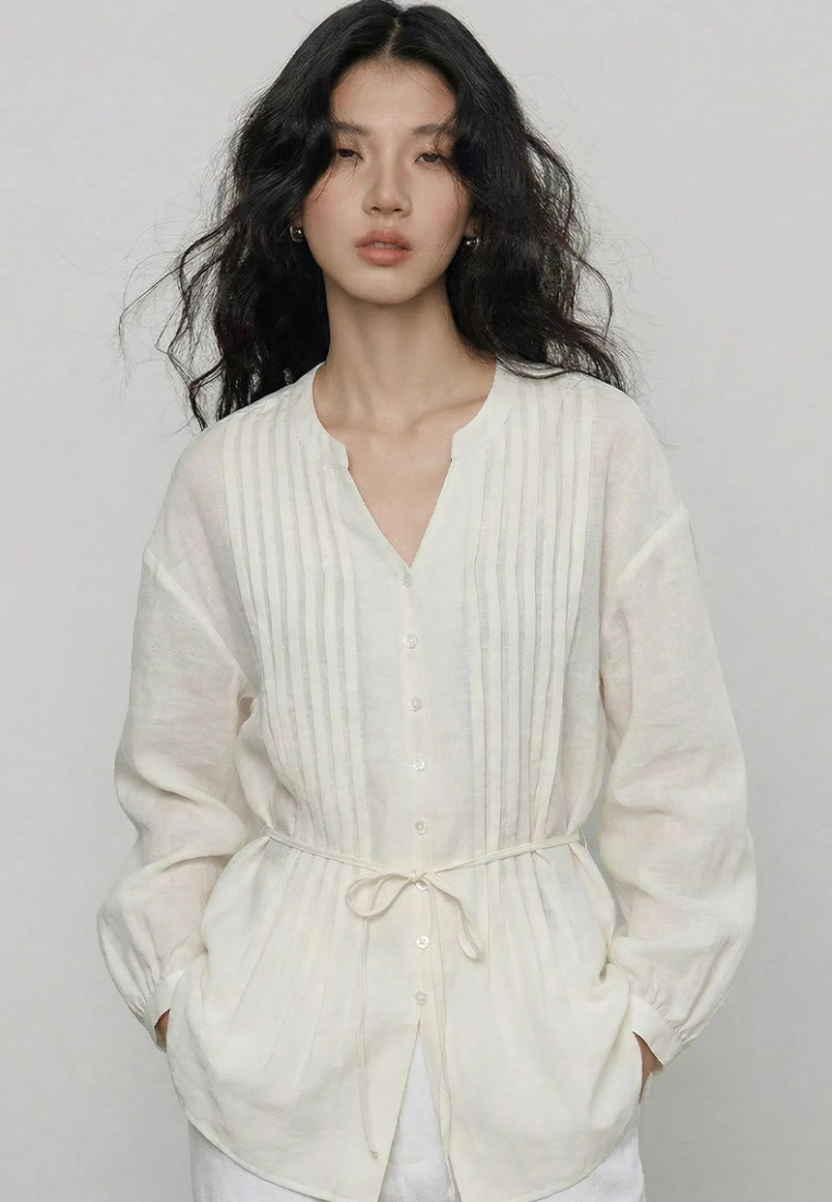 French v neck pleated blouse long sleeve tie waist casual shirt for women autumn K26092901