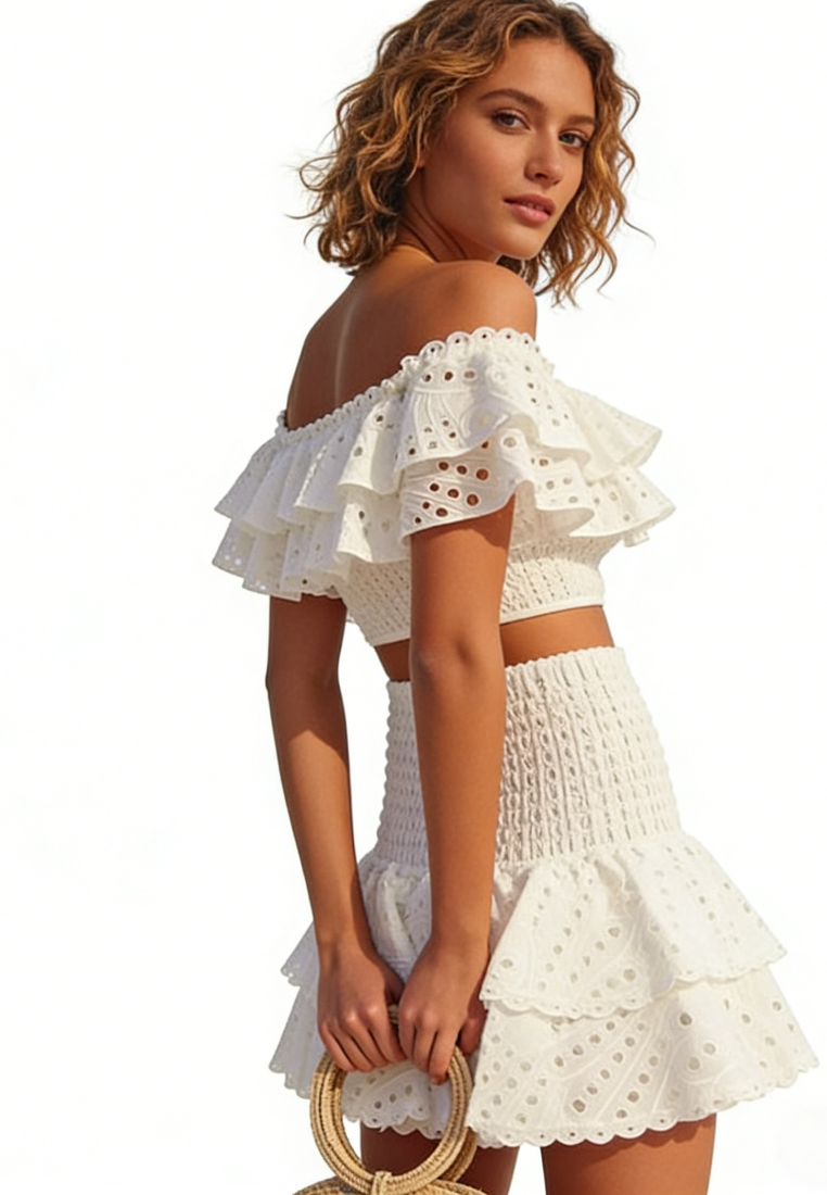 Boho Summer Two Piece Outfit Ruffle Trim Smocked Crop Top Tiered Mini Skirt Set K26040901