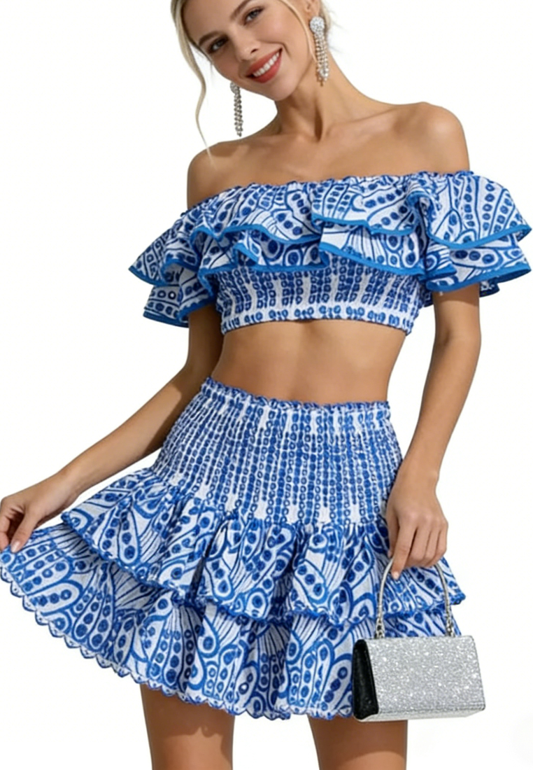 Boho Summer Two Piece Outfit Ruffle Trim Smocked Crop Top Tiered Mini Skirt Set K26040901