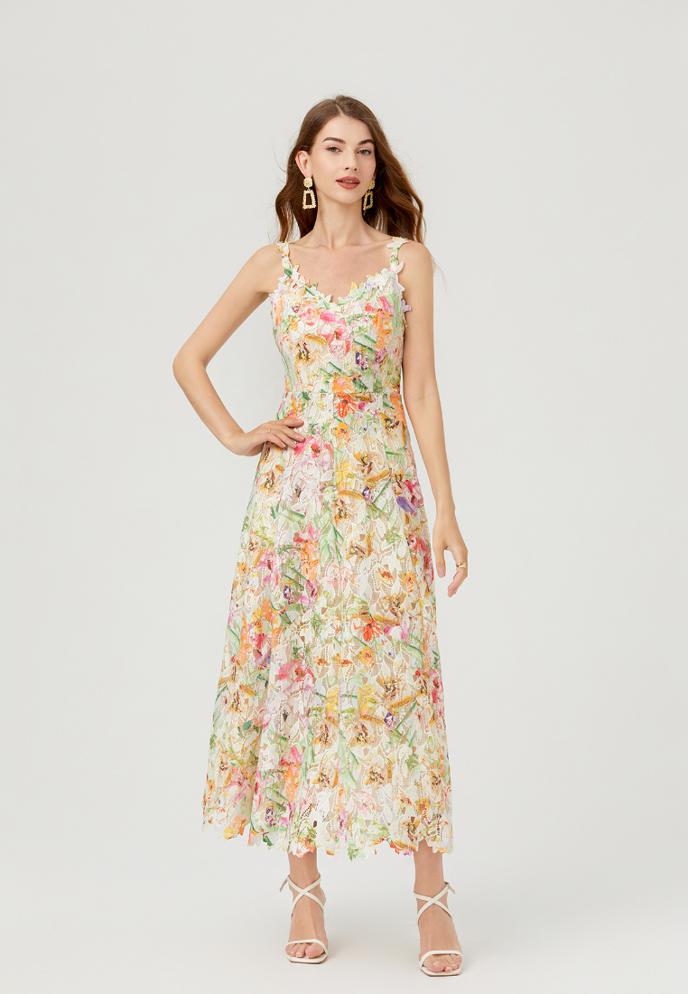 Boho Floral Print Lace Trim Cami Maxi Dress K26060801