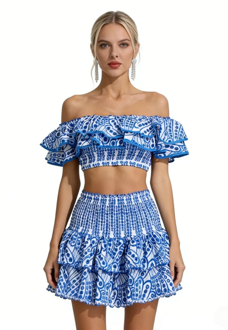 Boho Summer Two Piece Outfit Ruffle Trim Smocked Crop Top Tiered Mini Skirt Set K26040901