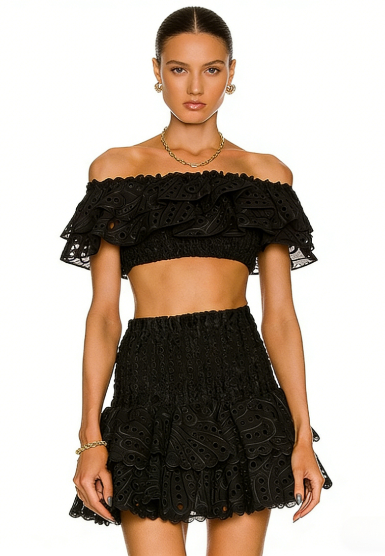 Boho Summer Two Piece Outfit Ruffle Trim Smocked Crop Top Tiered Mini Skirt Set K26040901
