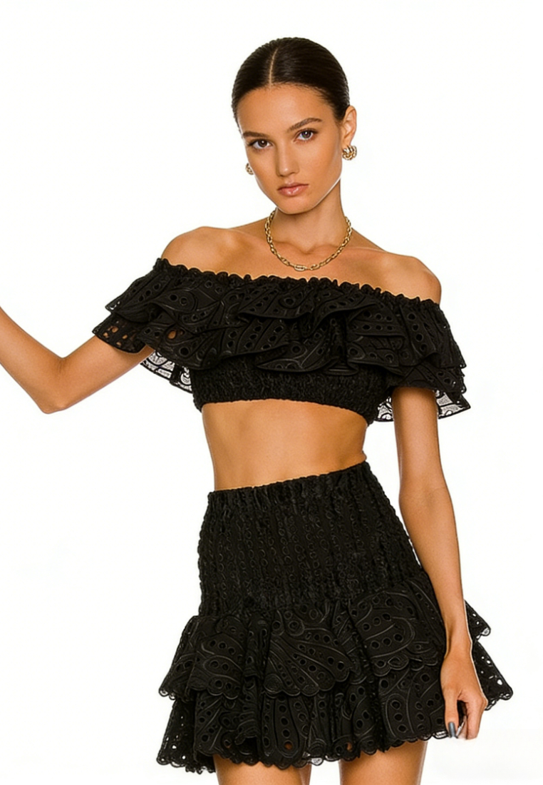 Boho Summer Two Piece Outfit Ruffle Trim Smocked Crop Top Tiered Mini Skirt Set K26040901