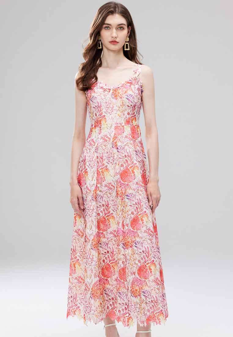Boho Floral Print Lace Trim Cami Maxi Dress K26060801