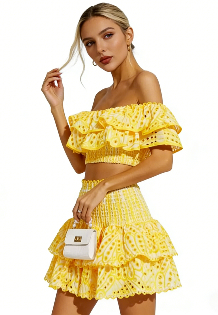 Boho Summer Two Piece Outfit Ruffle Trim Smocked Crop Top Tiered Mini Skirt Set K26040901