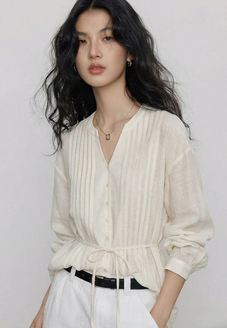 French v neck pleated blouse long sleeve tie waist casual shirt for women autumn K26092901