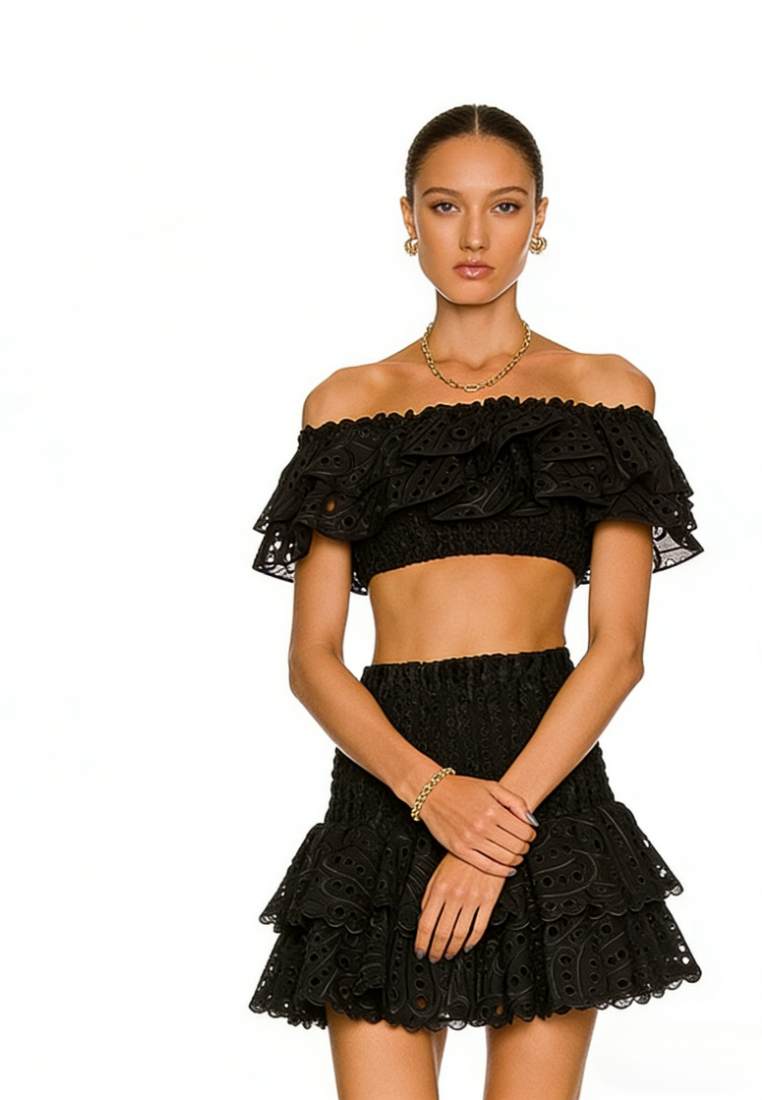 Boho Summer Two Piece Outfit Ruffle Trim Smocked Crop Top Tiered Mini Skirt Set K26040901