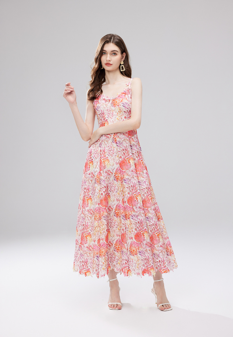 Boho Floral Print Lace Trim Cami Maxi Dress K26060801