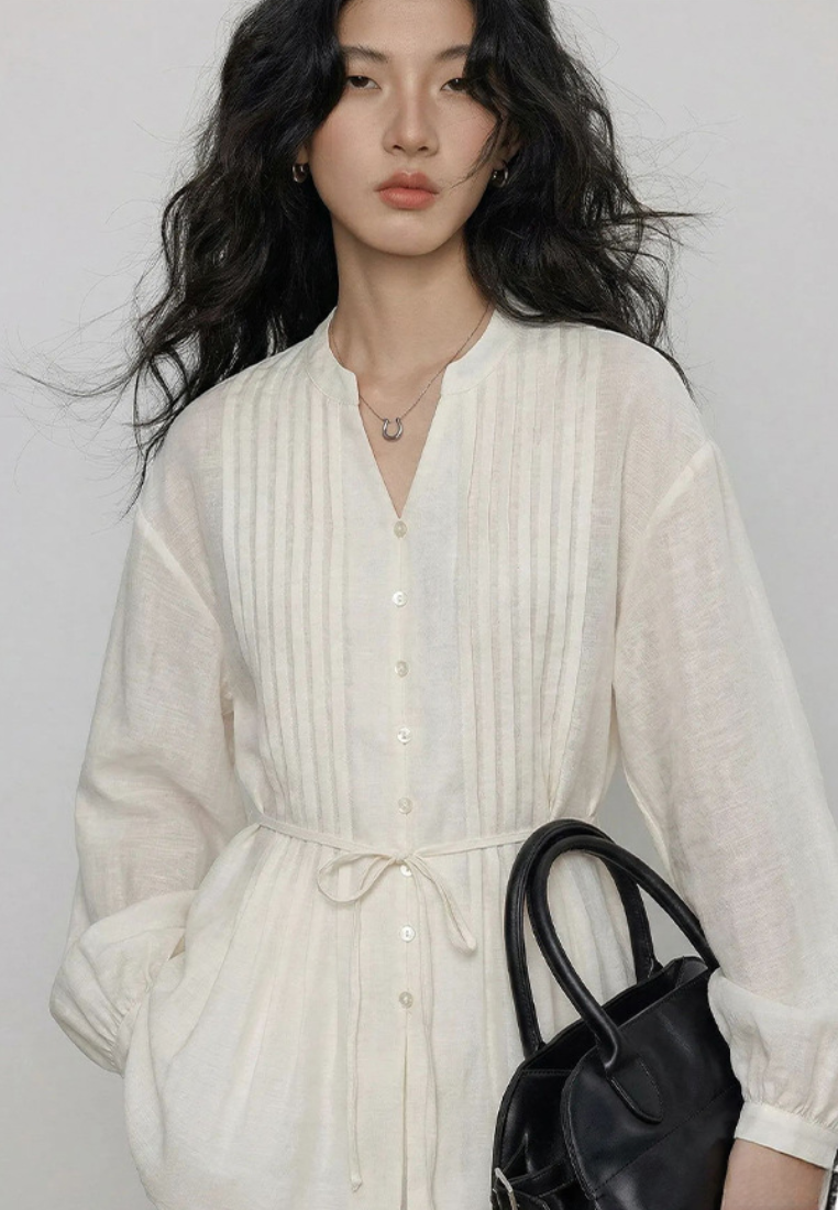 French v neck pleated blouse long sleeve tie waist casual shirt for women autumn K26092901