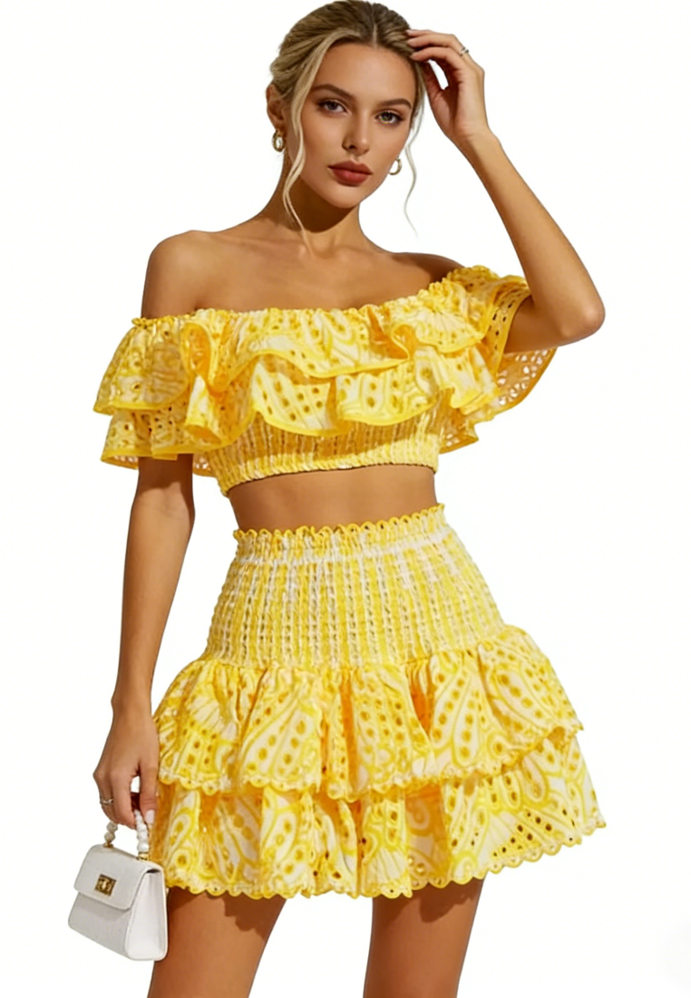 Boho Summer Two Piece Outfit Ruffle Trim Smocked Crop Top Tiered Mini Skirt Set K26040901