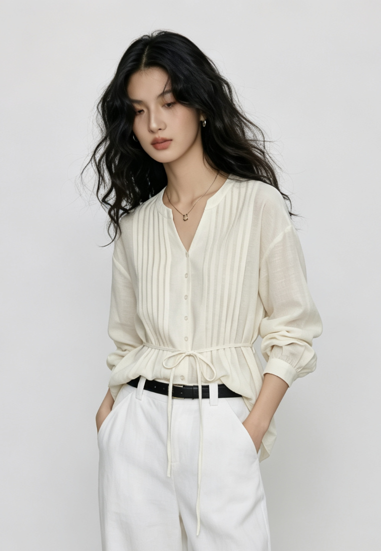 French v neck pleated blouse long sleeve tie waist casual shirt for women autumn K26092901