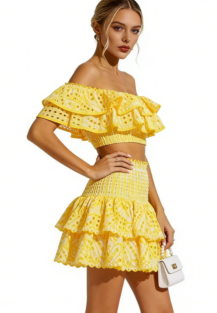 Boho Summer Two Piece Outfit Ruffle Trim Smocked Crop Top Tiered Mini Skirt Set K26040901