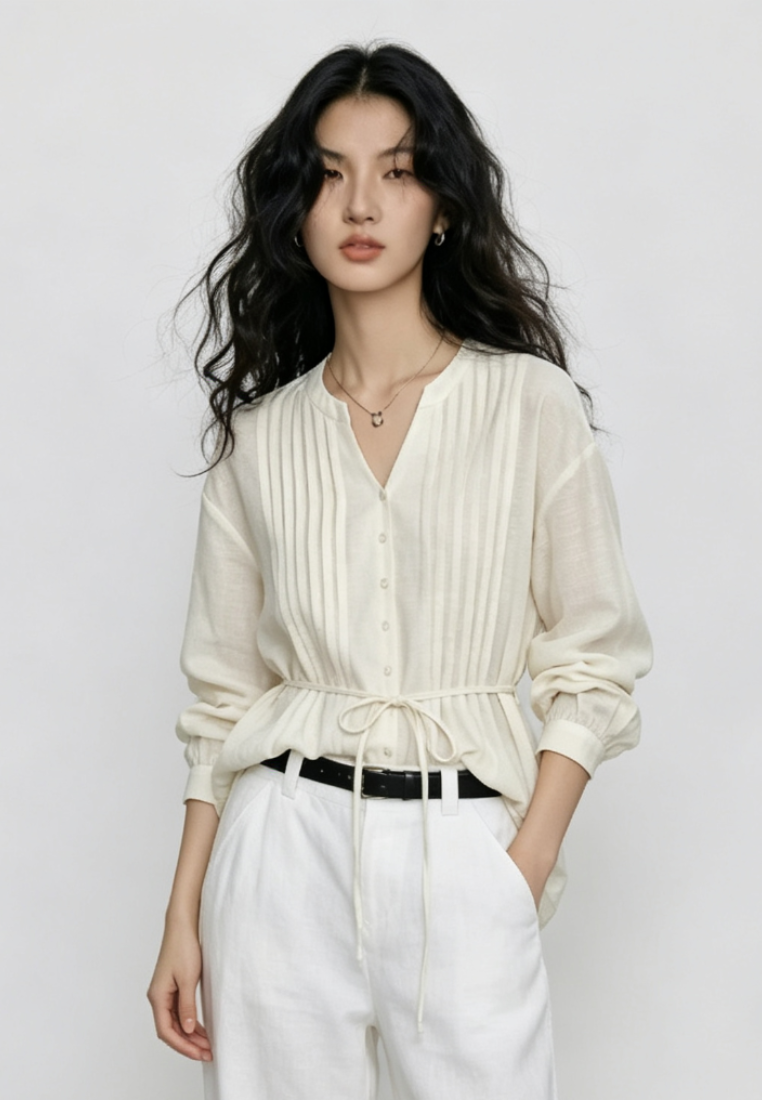 French v neck pleated blouse long sleeve tie waist casual shirt for women autumn K26092901
