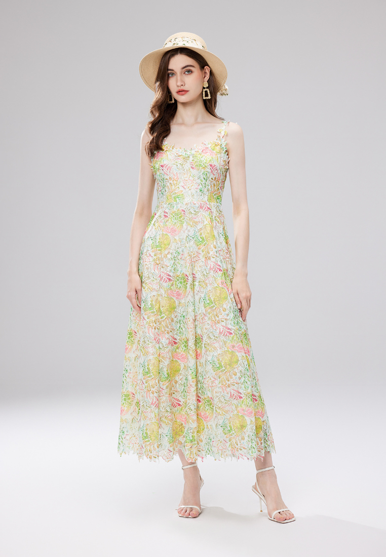 Boho Floral Print Lace Trim Cami Maxi Dress K26060801