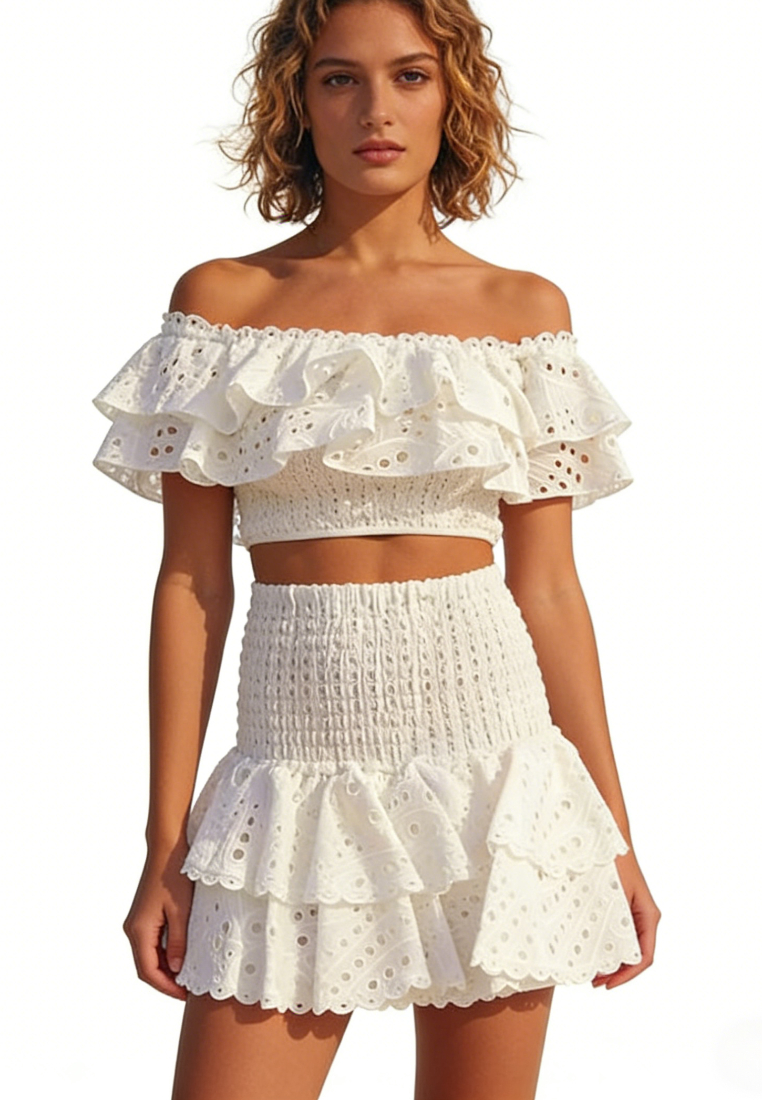 Boho Summer Two Piece Outfit Ruffle Trim Smocked Crop Top Tiered Mini Skirt Set K26040901