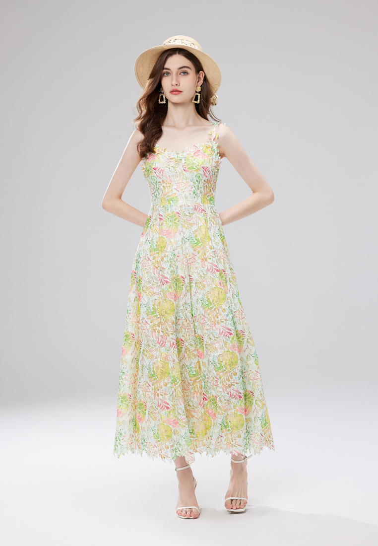 Boho Floral Print Lace Trim Cami Maxi Dress K26060801