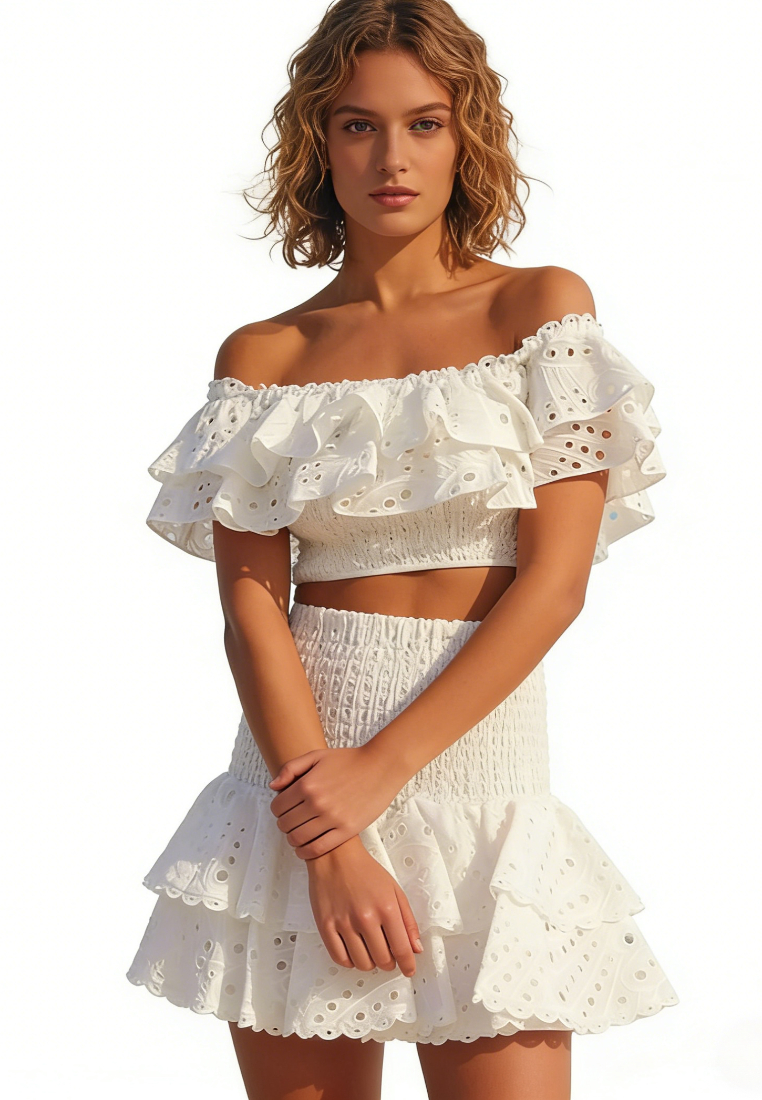 Boho Summer Two Piece Outfit Ruffle Trim Smocked Crop Top Tiered Mini Skirt Set K26040901