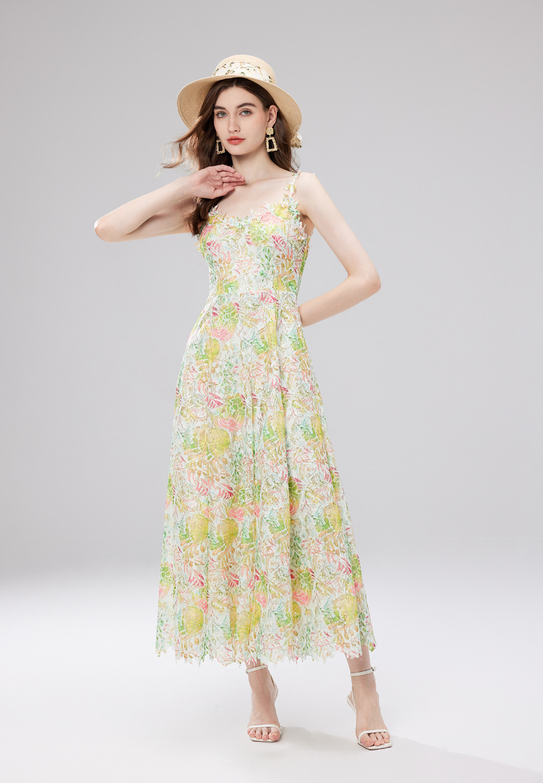 Boho Floral Print Lace Trim Cami Maxi Dress K26060801