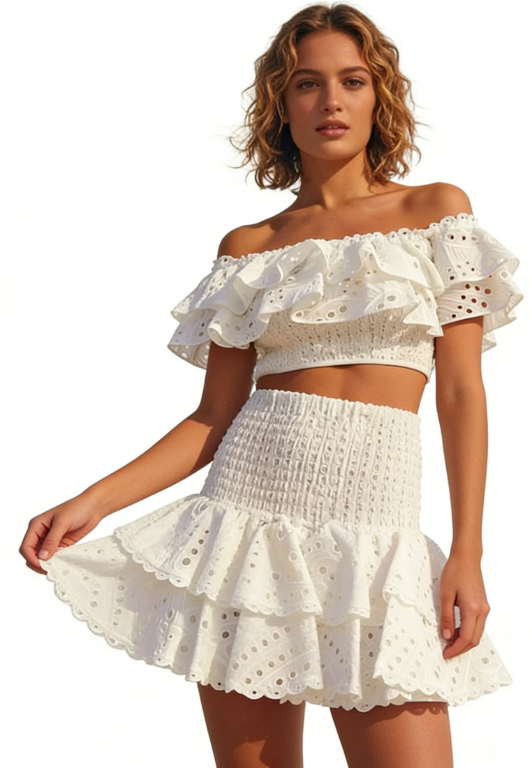 Boho Summer Two Piece Outfit Ruffle Trim Smocked Crop Top Tiered Mini Skirt Set K26040901