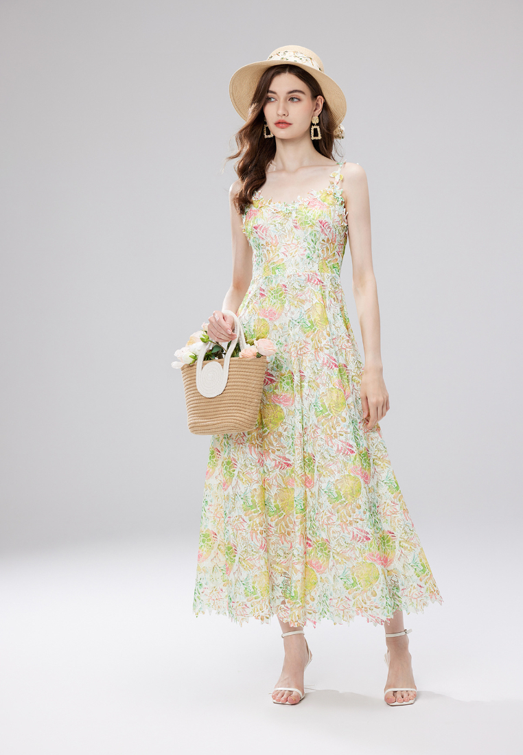Boho Floral Print Lace Trim Cami Maxi Dress K26060801