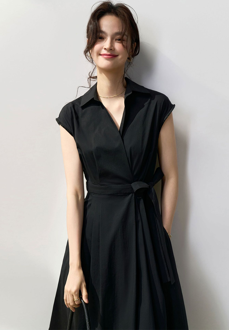 Summer French-style symmetrical waist-tie cotton shirt dress CA25052901BK