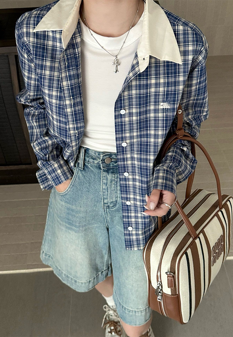 Plaid patchwork white collar long-sleeved cropped shirt CA25100901BL