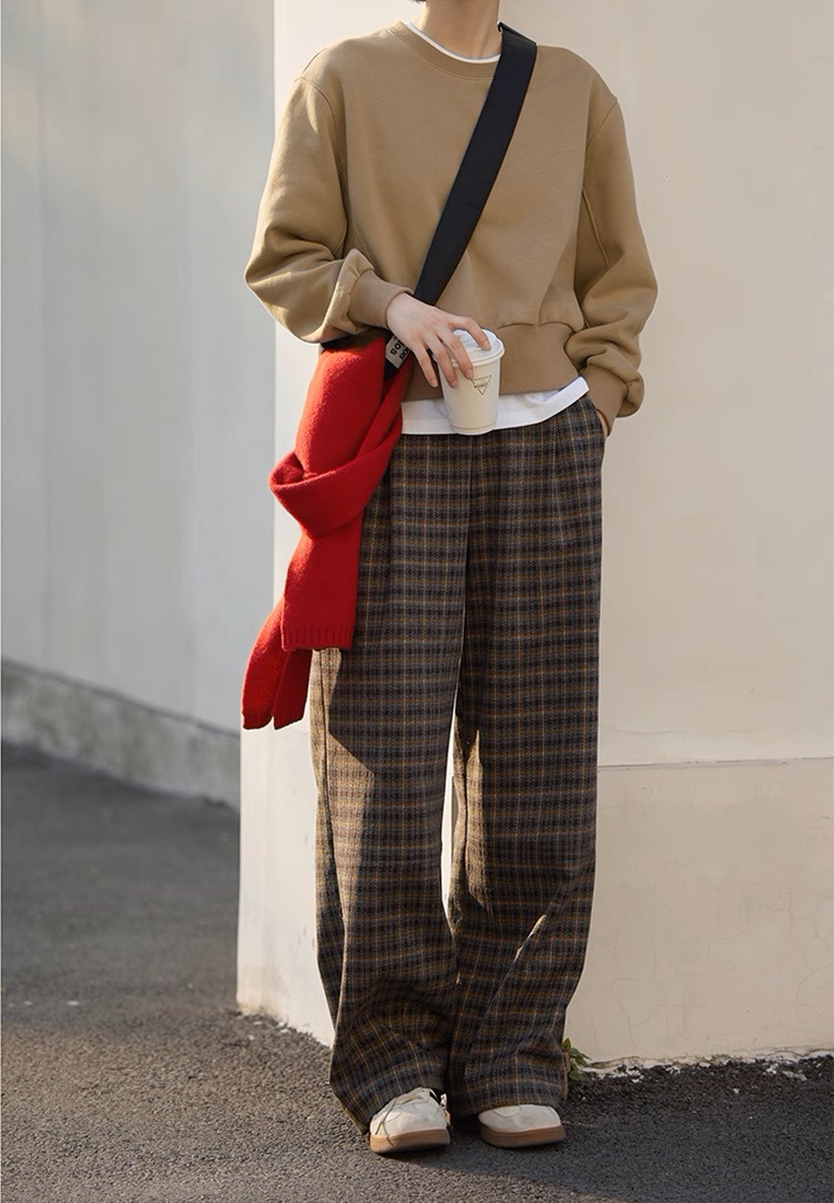 Winter Retro Plaid Wide-Leg Casual Loose Warm Trousers CA25102401MT