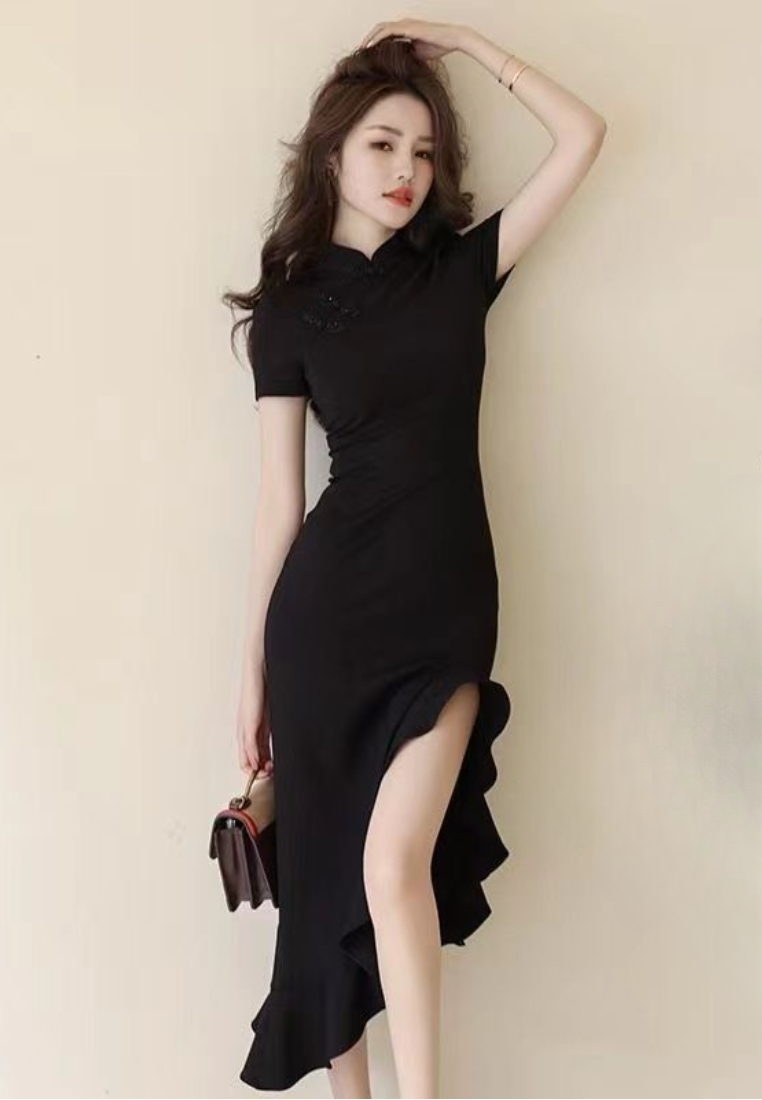2026 New Style Elegant Black Irregular cheongsam Dress CA25121501BK