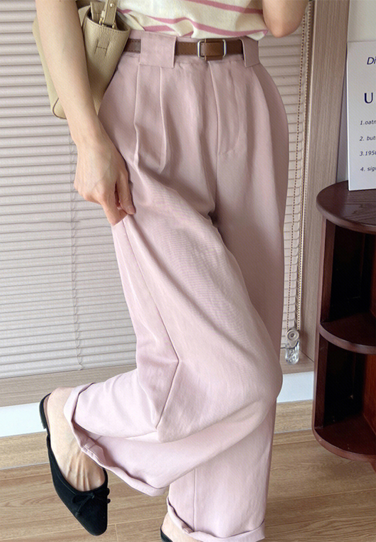 2023 Korean style simple high waist thin solid color straight leg rolled casual pants CA23050401