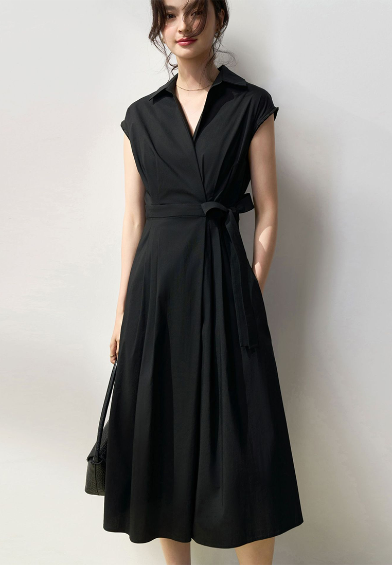 Summer French-style symmetrical waist-tie cotton shirt dress CA25052901BK