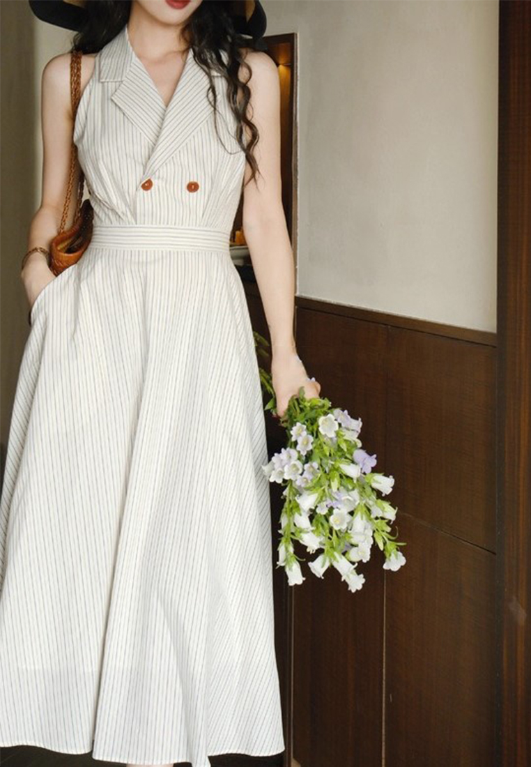 Elegant and minimalist waist cinching striped dress CA225042201W