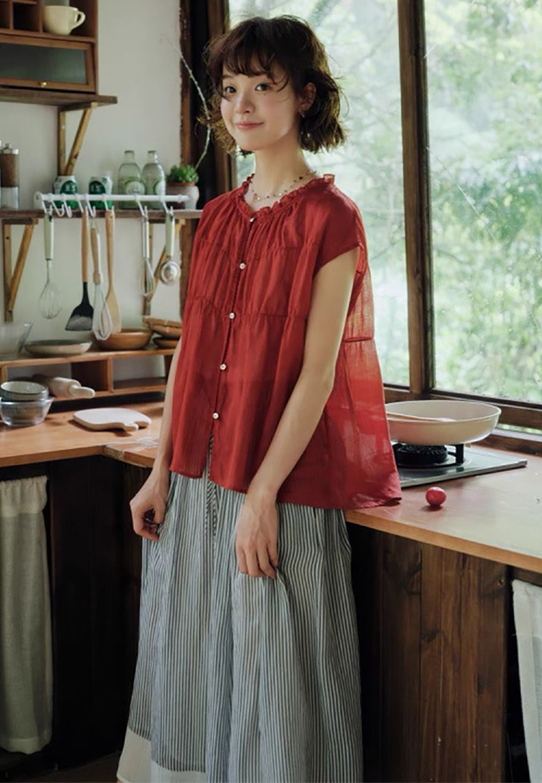 New summer ramie shoulder round neck shirt CA25070901W