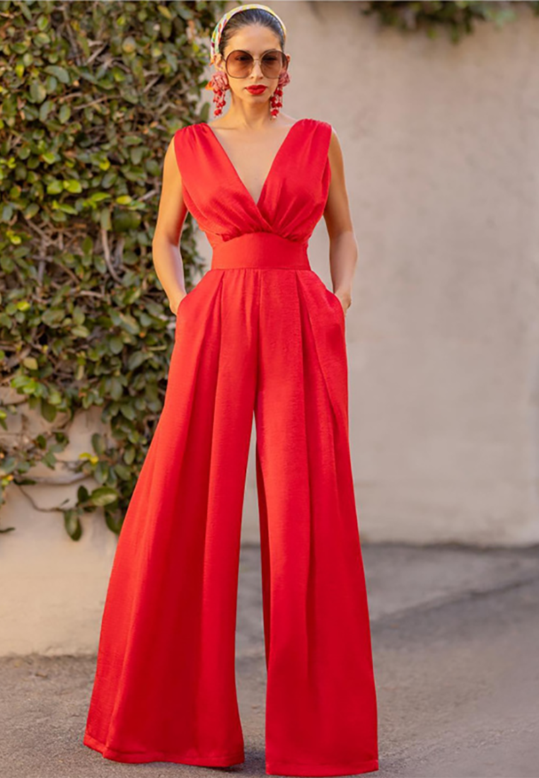 European and American Slim-Fit High-Waisted Wide-Leg Jumpsuit CA25091501RD
