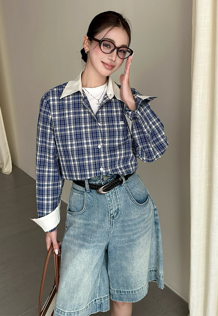 Plaid patchwork white collar long-sleeved cropped shirt CA25100901BL