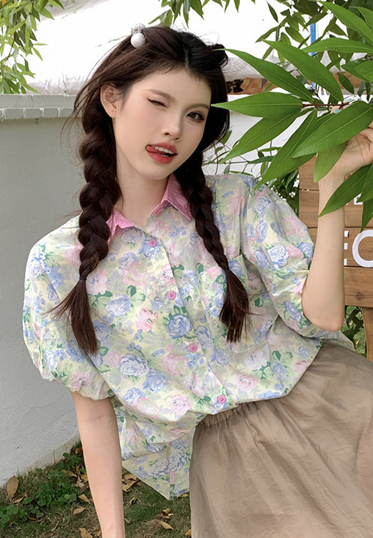New Summer French Contrast Color Lapel Floral Shirt Loose Top CA24050601