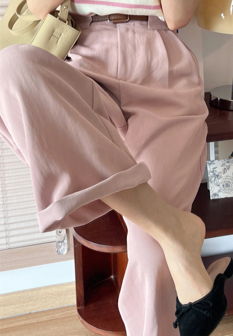 2023 Korean style simple high waist thin solid color straight leg rolled casual pants CA23050401