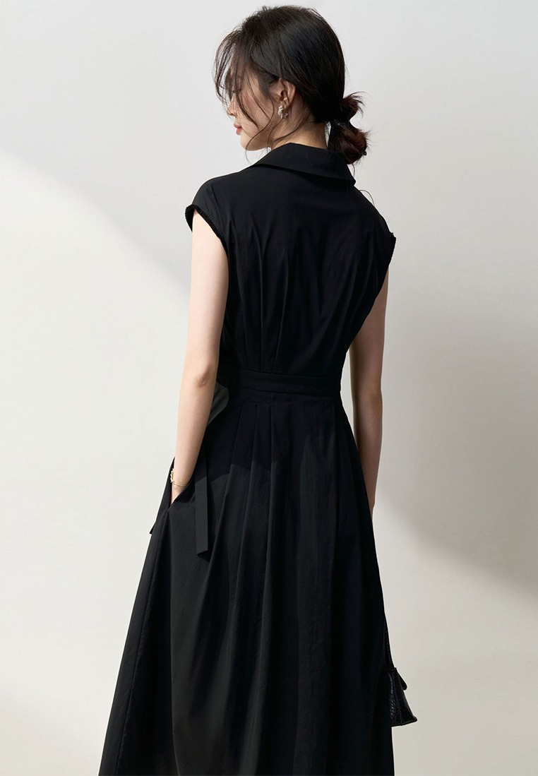 Summer French-style symmetrical waist-tie cotton shirt dress CA25052901BK