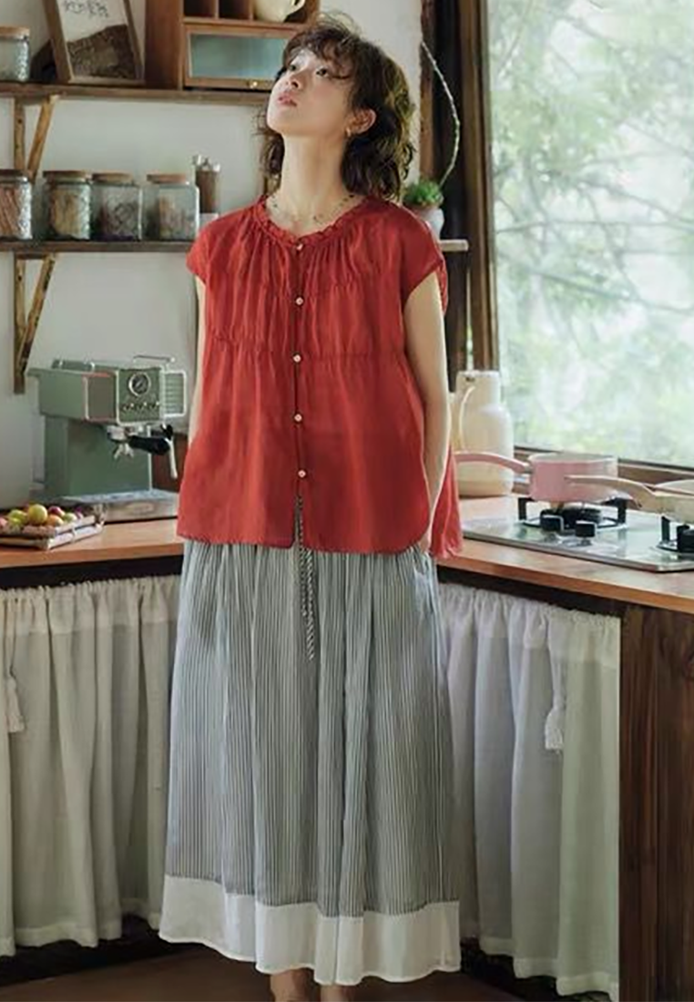 New summer ramie shoulder round neck shirt CA25070901W