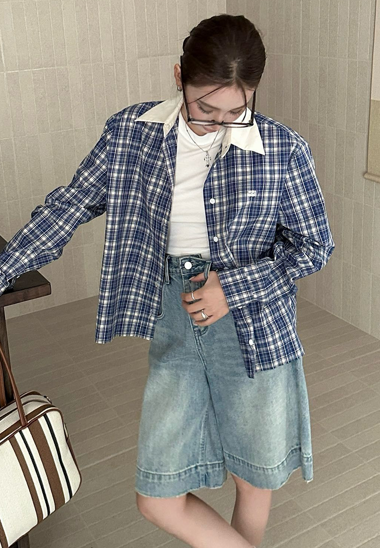 Plaid patchwork white collar long-sleeved cropped shirt CA25100901BL