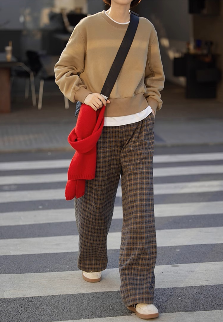 Winter Retro Plaid Wide-Leg Casual Loose Warm Trousers CA25102401MT
