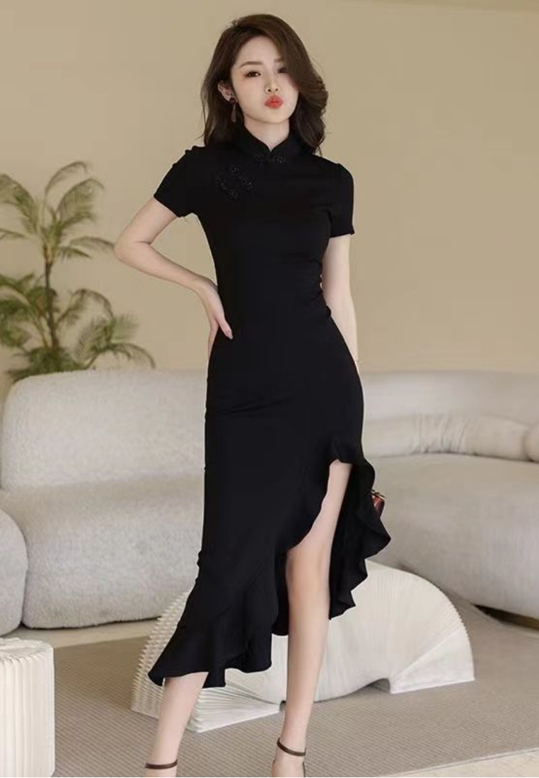 2026 New Style Elegant Black Irregular cheongsam Dress CA25121501BK