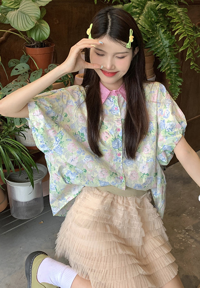 New Summer French Contrast Color Lapel Floral Shirt Loose Top CA24050601