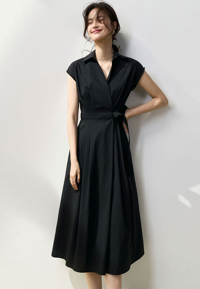 Summer French-style symmetrical waist-tie cotton shirt dress CA25052901BK