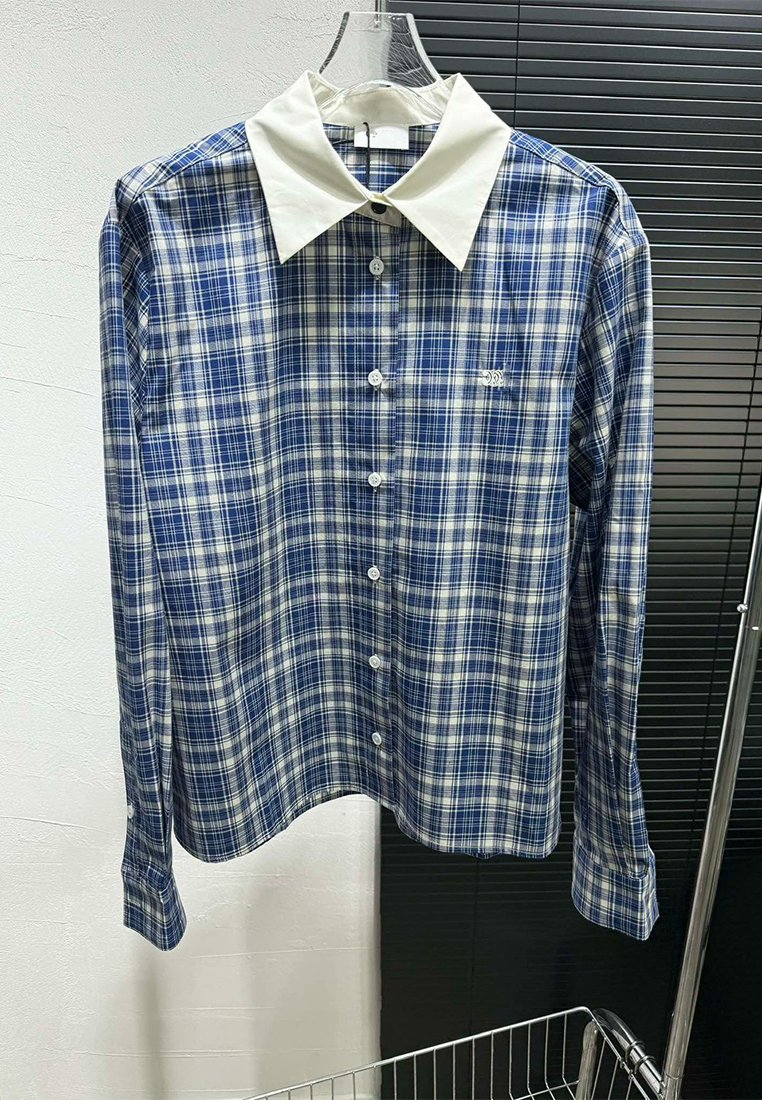 Plaid patchwork white collar long-sleeved cropped shirt CA25100901BL