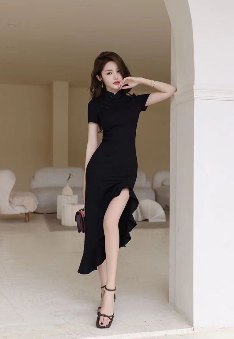 2026 New Style Elegant Black Irregular cheongsam Dress CA25121501BK