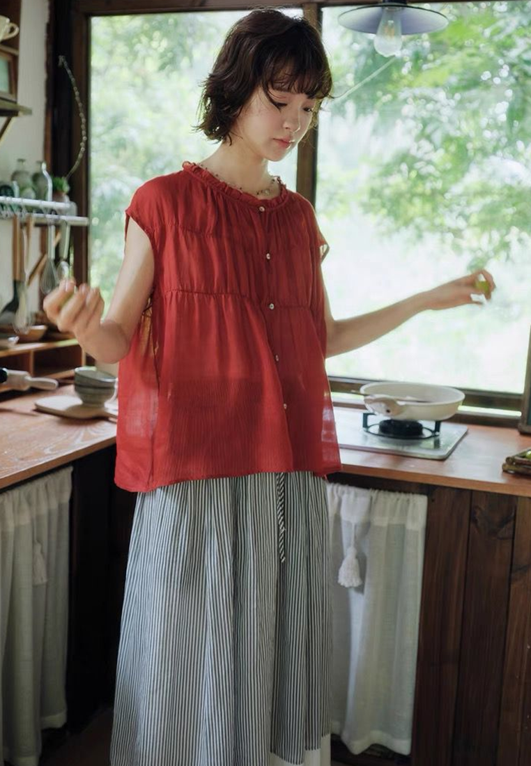 New summer ramie shoulder round neck shirt CA25070901W