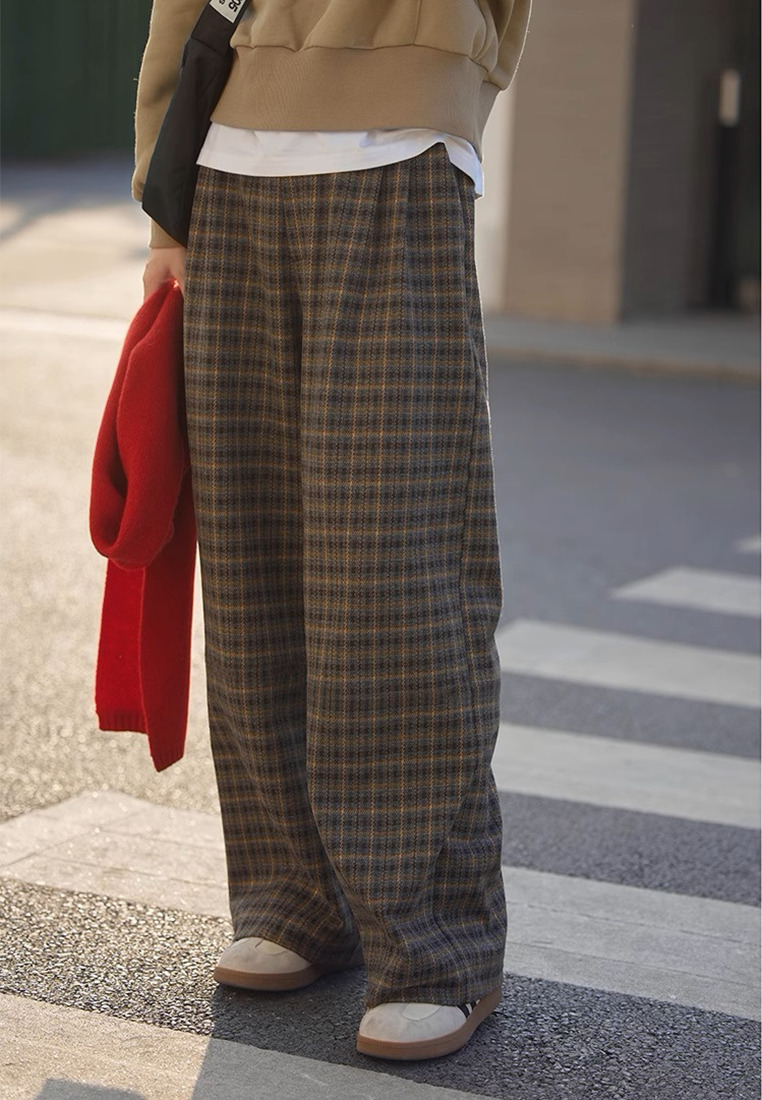 Winter Retro Plaid Wide-Leg Casual Loose Warm Trousers CA25102401MT