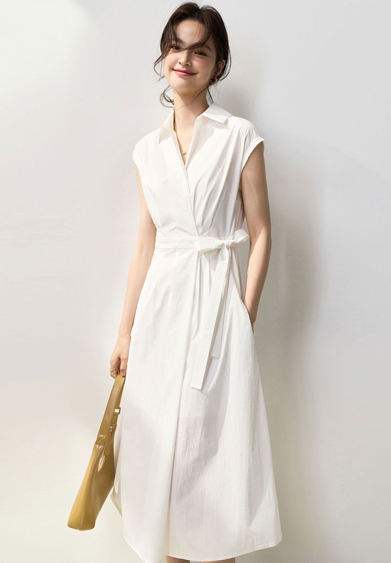 Summer French-style symmetrical waist-tie cotton shirt dress CA25052901BK