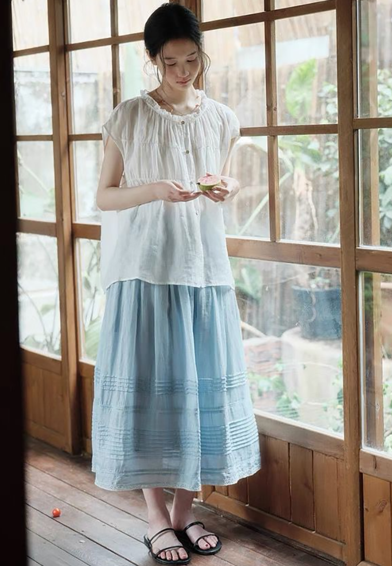 New summer ramie shoulder round neck shirt CA25070901W