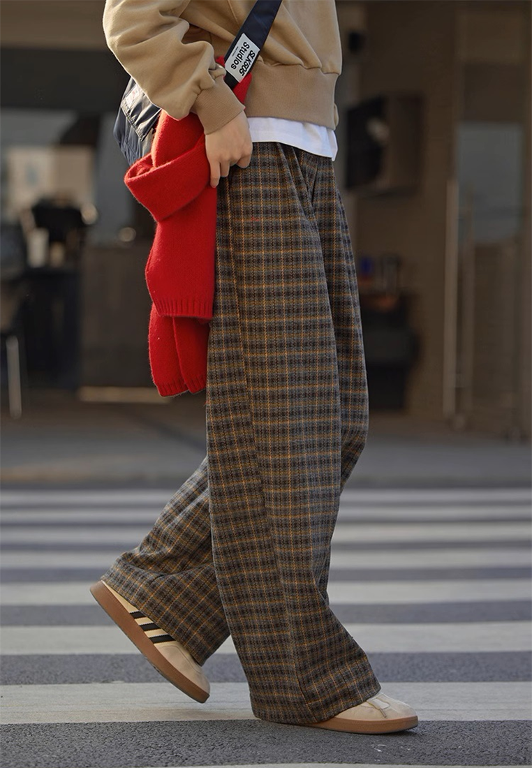 Winter Retro Plaid Wide-Leg Casual Loose Warm Trousers CA25102401MT
